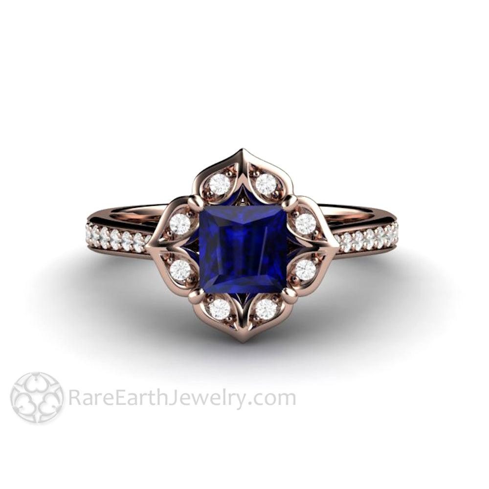 Art Deco Princess Blue Sapphire Engagement Ring Vintage Style, Rare Earth Jewelry