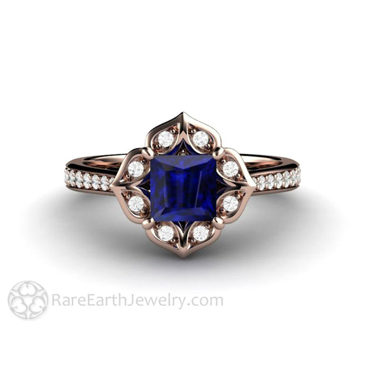 Art Deco Princess Blue Sapphire Engagement Ring Vintage Style, Rare Earth Jewelry