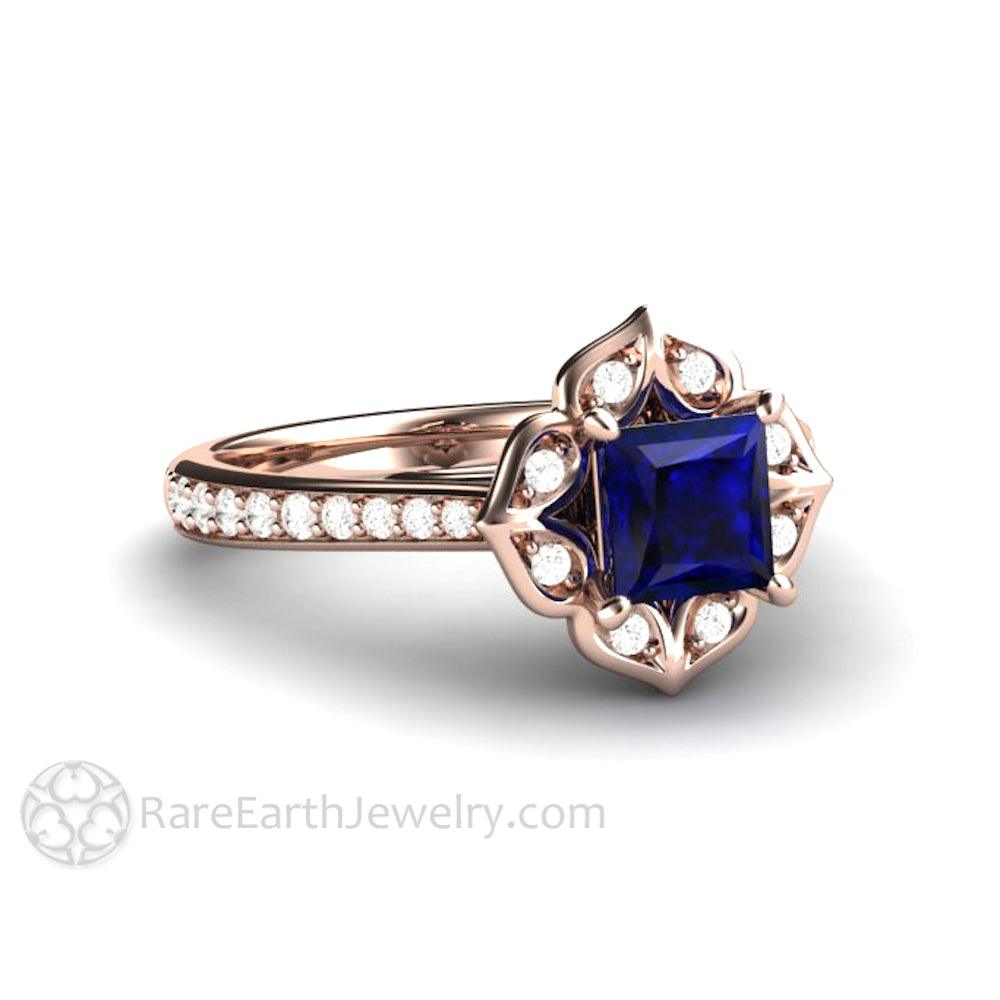 Art Deco Princess Blue Sapphire Engagement Ring Vintage Style, Rare Earth Jewelry