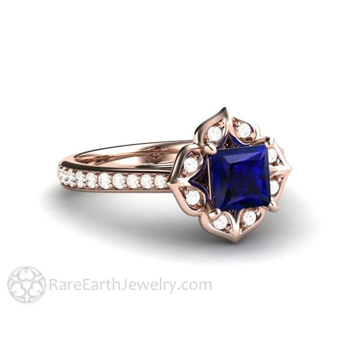 Art Deco Princess Blue Sapphire Engagement Ring Vintage Style, Rare Earth Jewelry