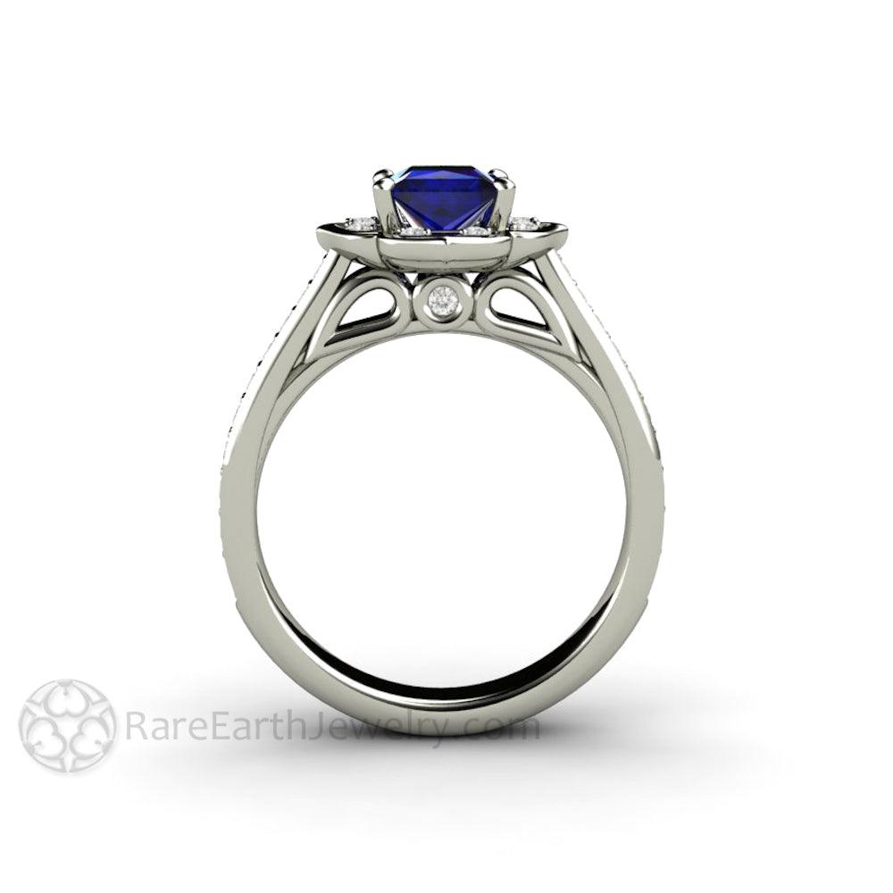 Art Deco Princess Blue Sapphire Engagement Ring Vintage Style, Rare Earth Jewelry
