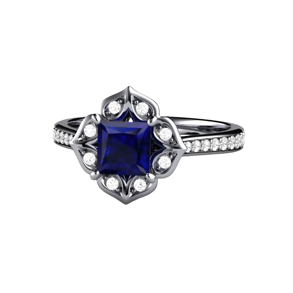 Art Deco Princess Blue Sapphire Engagement Ring Vintage Style, Rare Earth Jewelry