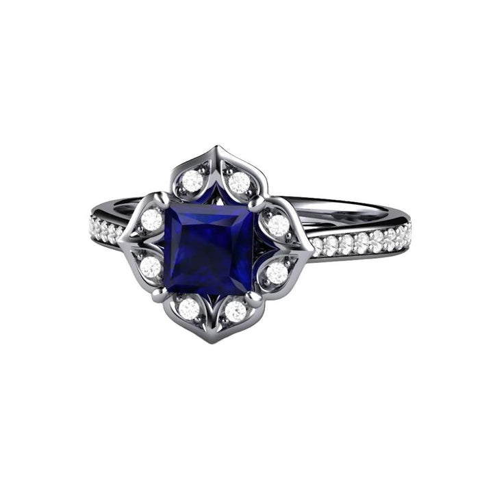 Art Deco Princess Blue Sapphire Engagement Ring Vintage Style, Rare Earth Jewelry