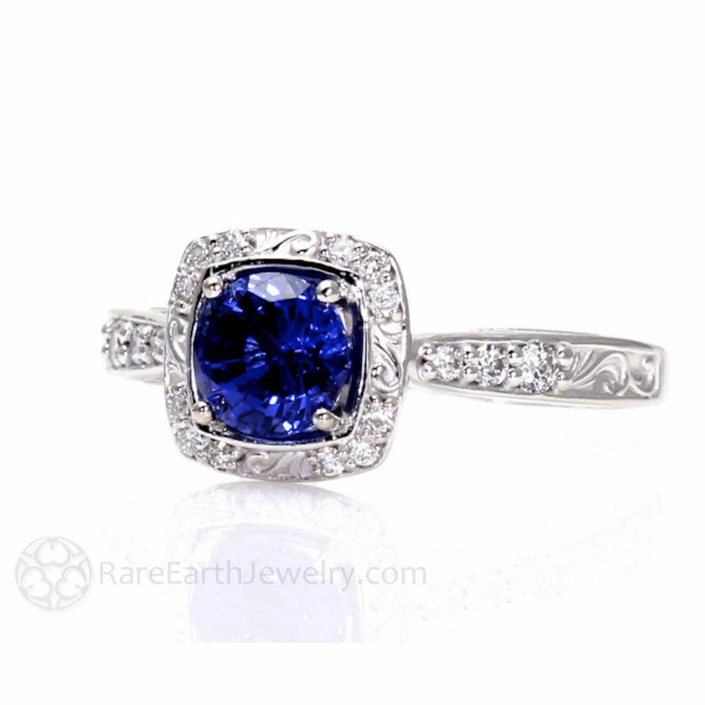 Blue Sapphire Engagement Ring Art Deco Style Diamond Halo, Rare Earth Jewelry
