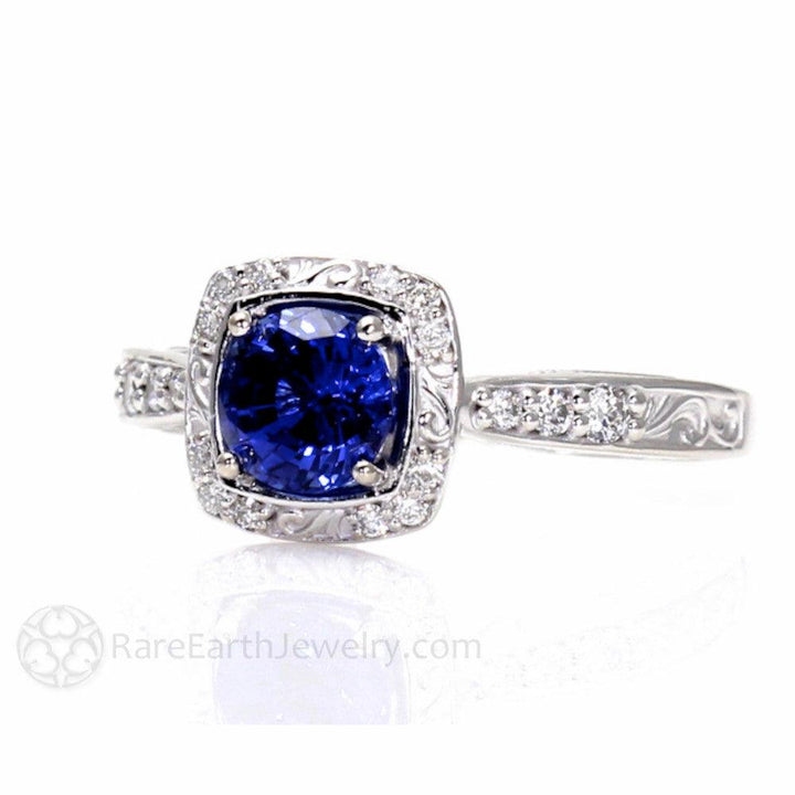 Blue Sapphire Engagement Ring Art Deco Style Diamond Halo, Rare Earth Jewelry