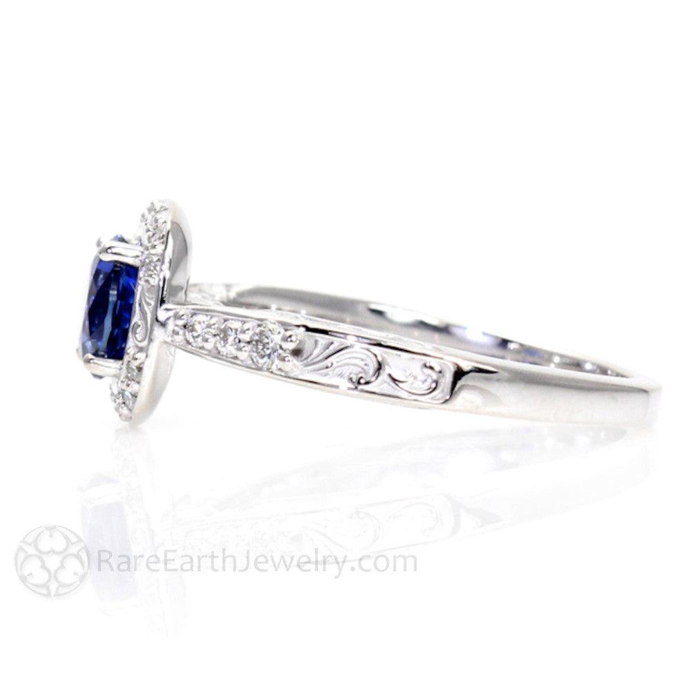 Blue Sapphire Engagement Ring Art Deco Style Diamond Halo, Rare Earth Jewelry