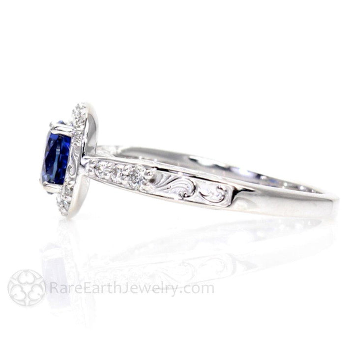 Blue Sapphire Engagement Ring Art Deco Style Diamond Halo, Rare Earth Jewelry