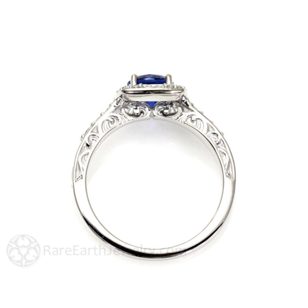 Blue Sapphire Engagement Ring Art Deco Style Diamond Halo, Rare Earth Jewelry