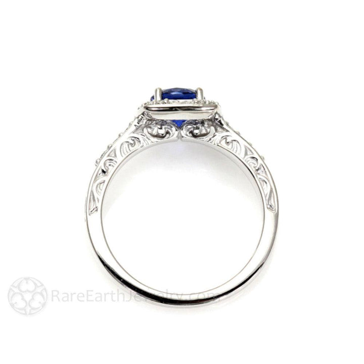 Blue Sapphire Engagement Ring Art Deco Style Diamond Halo, Rare Earth Jewelry