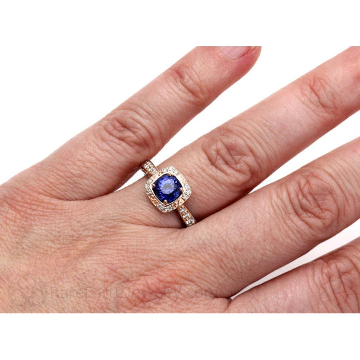 Blue Sapphire Engagement Ring Art Deco Style Diamond Halo, Rare Earth Jewelry