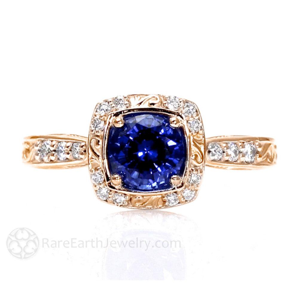 Blue Sapphire Engagement Ring Art Deco Style Diamond Halo, Rare Earth Jewelry