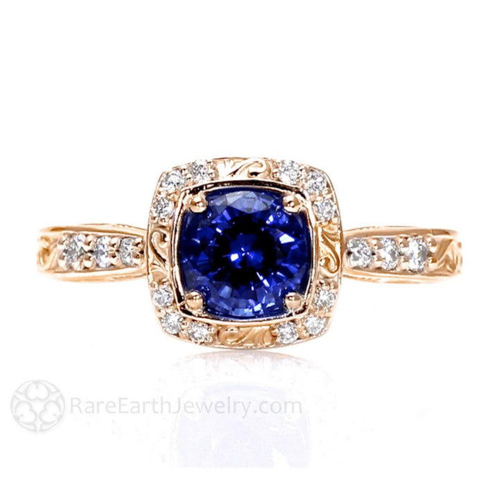 Blue Sapphire Engagement Ring Art Deco Style Diamond Halo, Rare Earth Jewelry