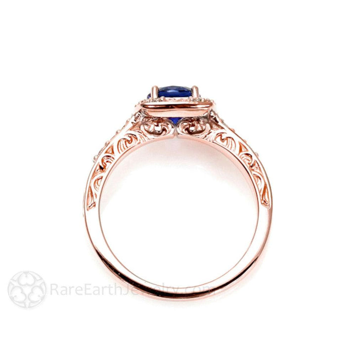 Blue Sapphire Engagement Ring Art Deco Style Diamond Halo, Rare Earth Jewelry