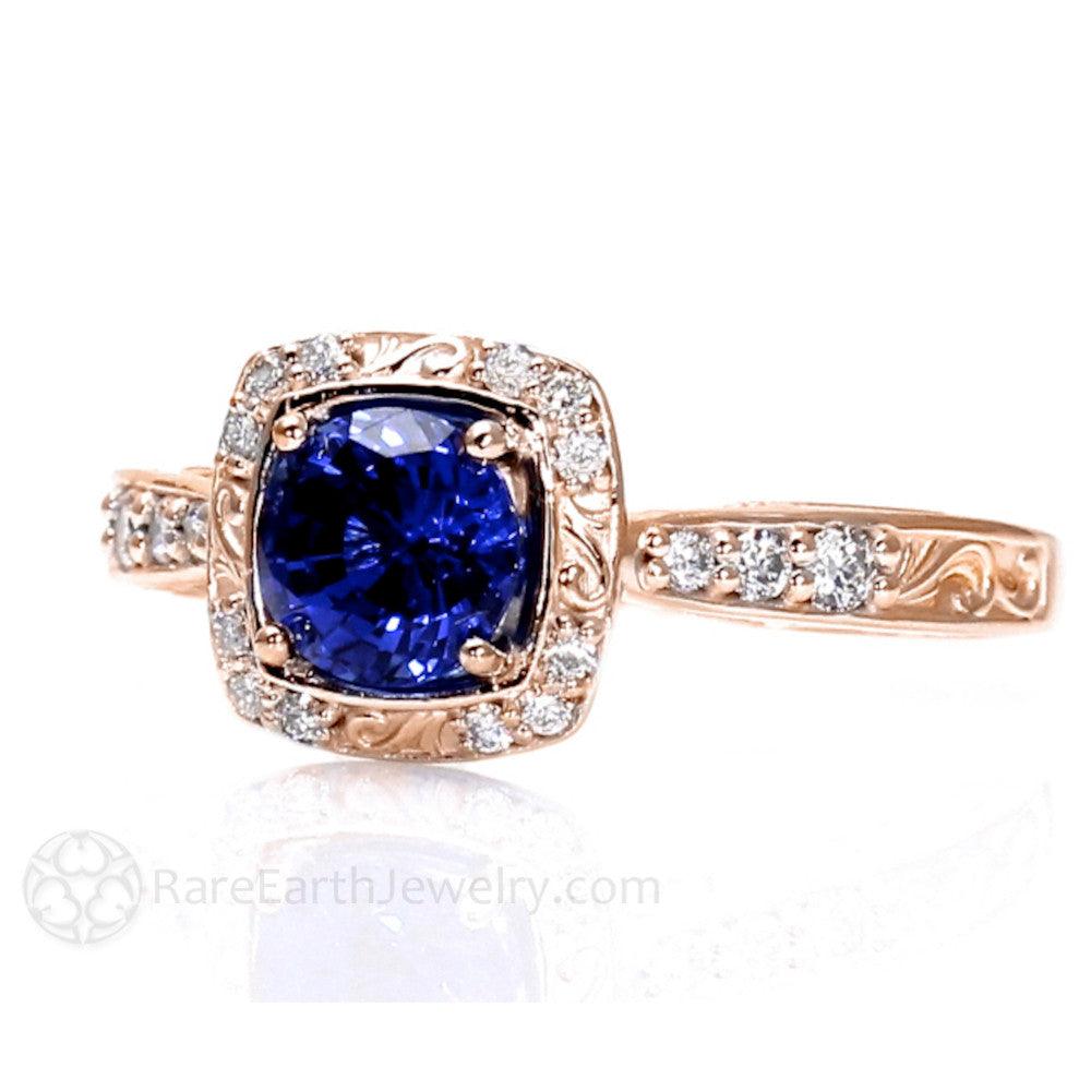Blue Sapphire Engagement Ring Art Deco Style Diamond Halo, Rare Earth Jewelry