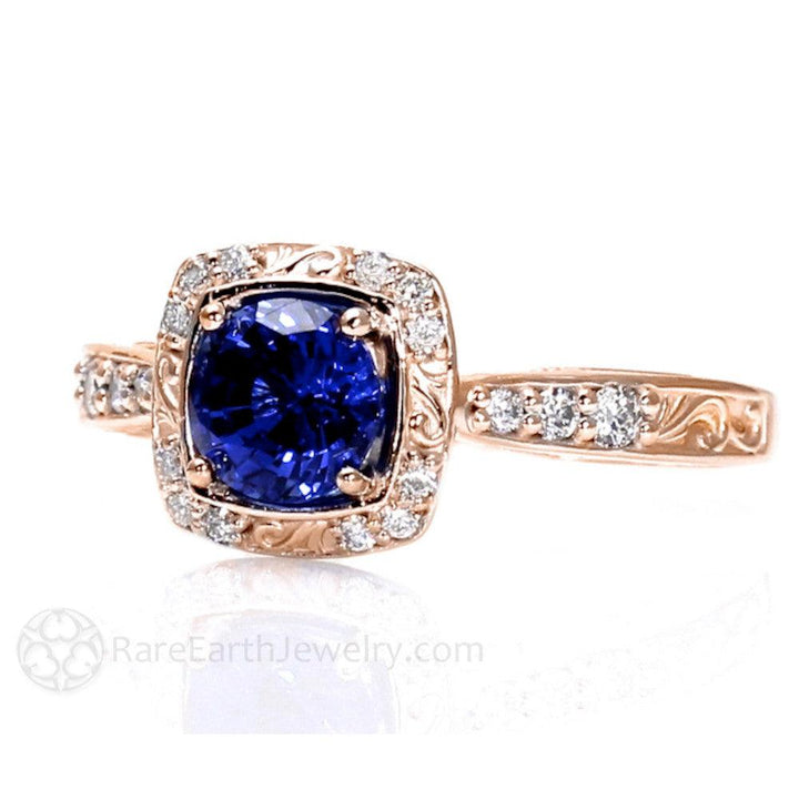 Blue Sapphire Engagement Ring Art Deco Style Diamond Halo, Rare Earth Jewelry