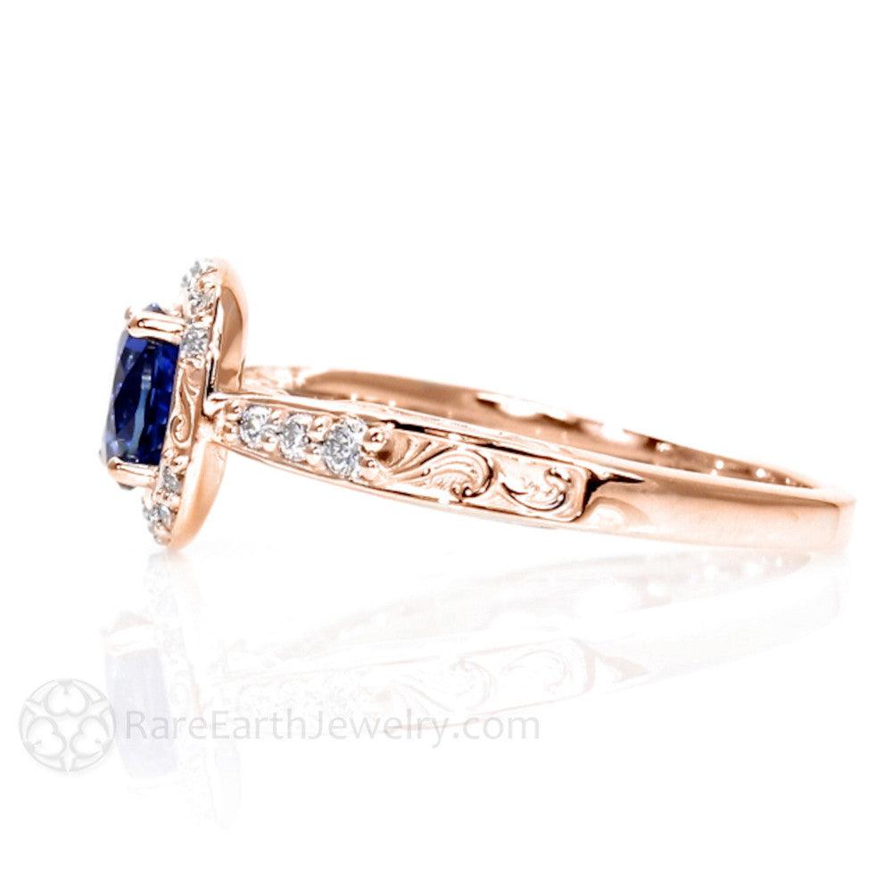 Blue Sapphire Engagement Ring Art Deco Style Diamond Halo, Rare Earth Jewelry
