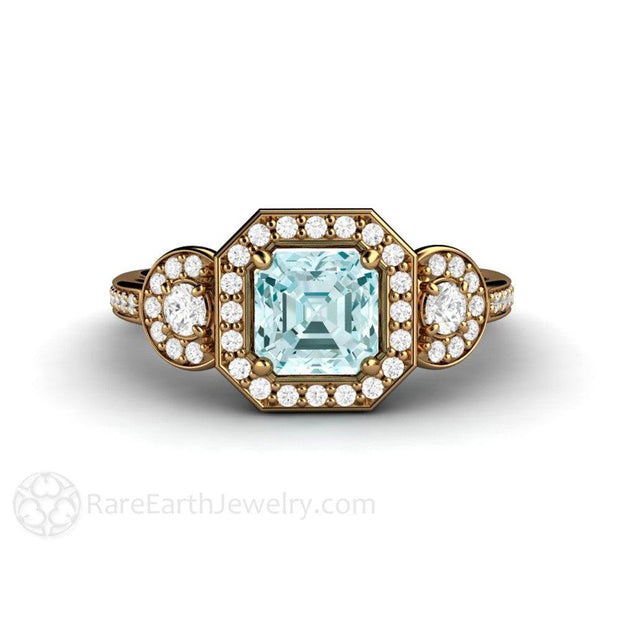 Asscher Aquamarine Engagement Ring 3 Stone Diamond Halo 18K Yellow Gold - Rare Earth Jewelry
