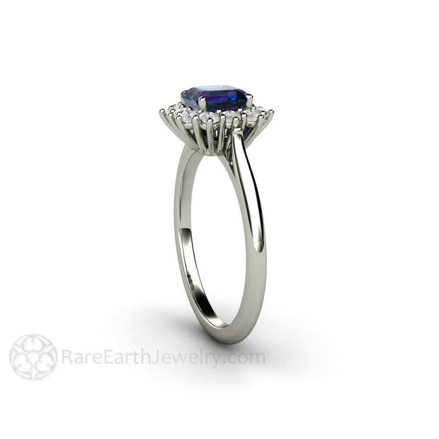 Asscher Cut Alexandrite Engagement Ring Diamond Halo June Birthstone Platinum - Rare Earth Jewelry