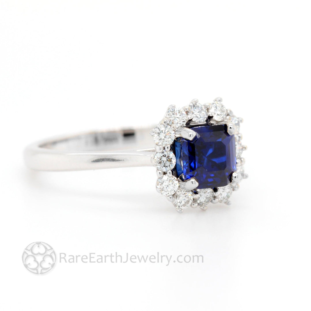 Asscher Cut Blue Sapphire Engagement Ring Vintage Style Diamond Cluster, Rare Earth Jewelry