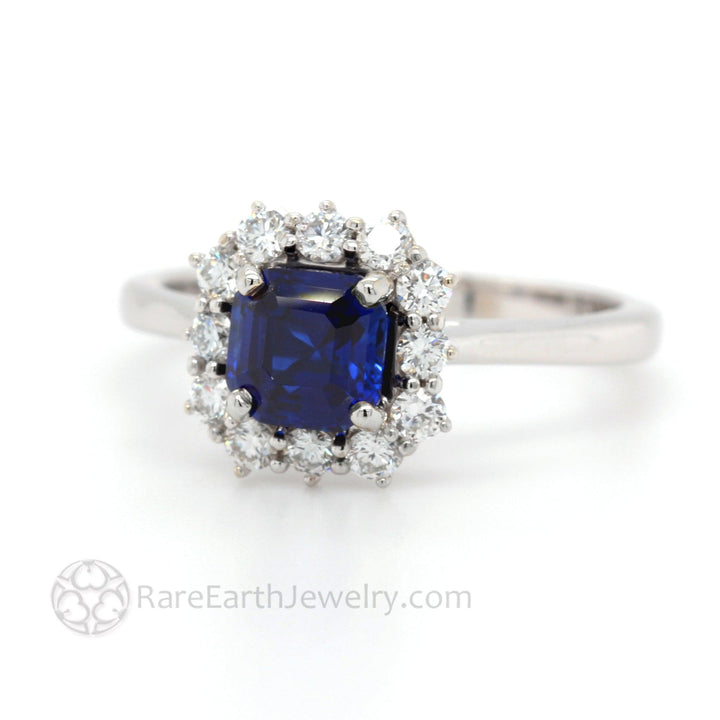 Asscher Cut Blue Sapphire Engagement Ring Vintage Style Diamond Cluster, Rare Earth Jewelry