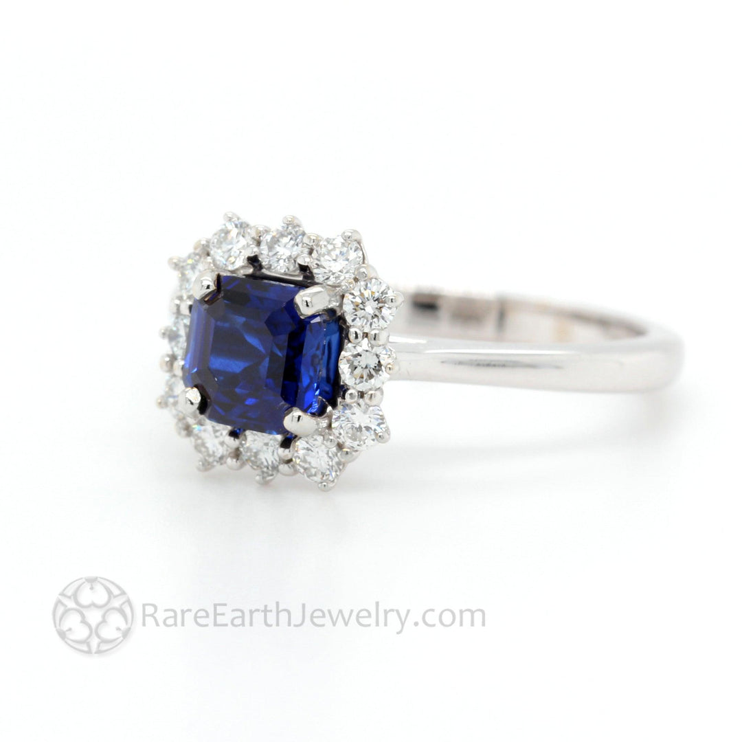 Asscher Cut Blue Sapphire Engagement Ring Vintage Style Diamond Cluster, Rare Earth Jewelry