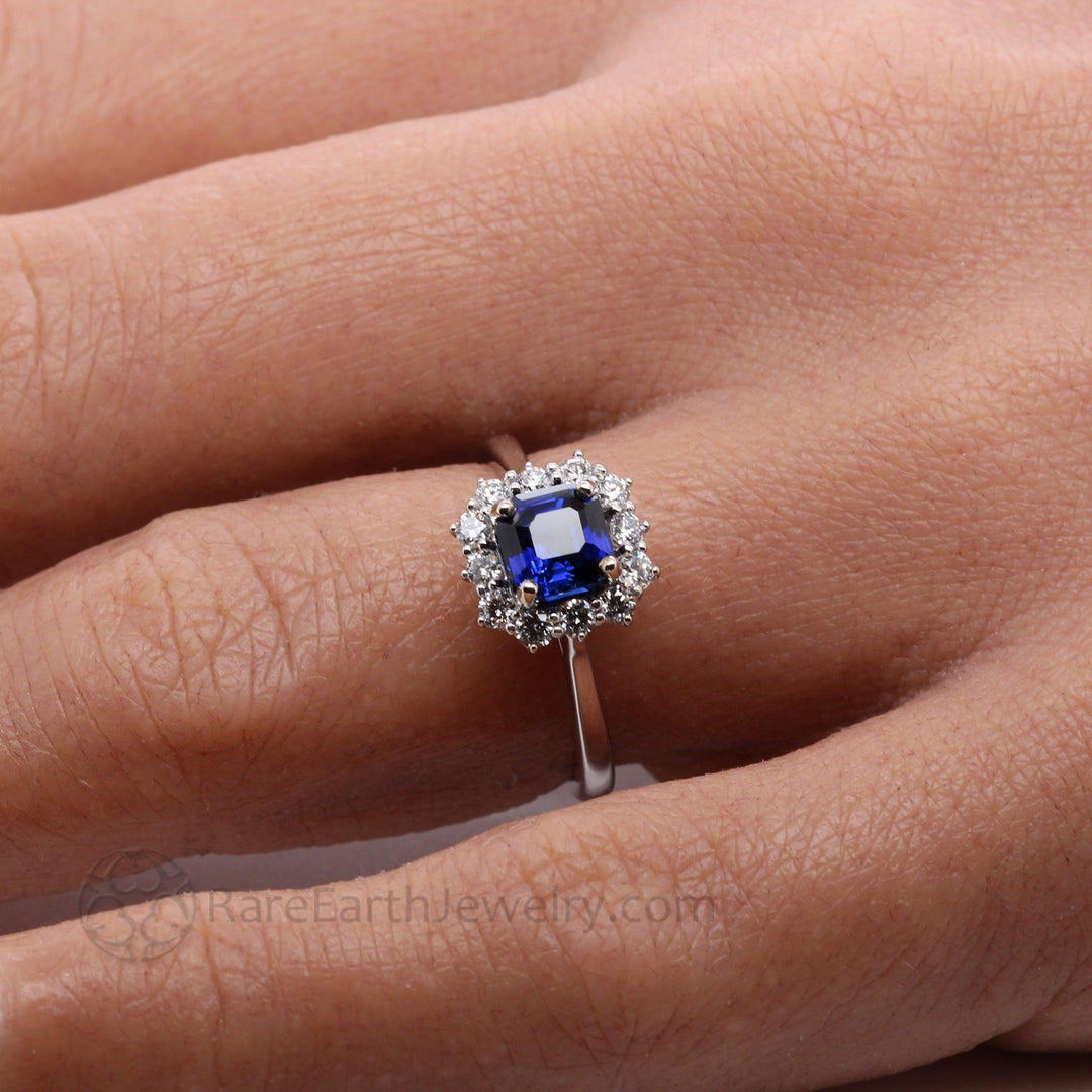 Asscher Cut Blue Sapphire Engagement Ring Vintage Style Diamond Cluster, Rare Earth Jewelry