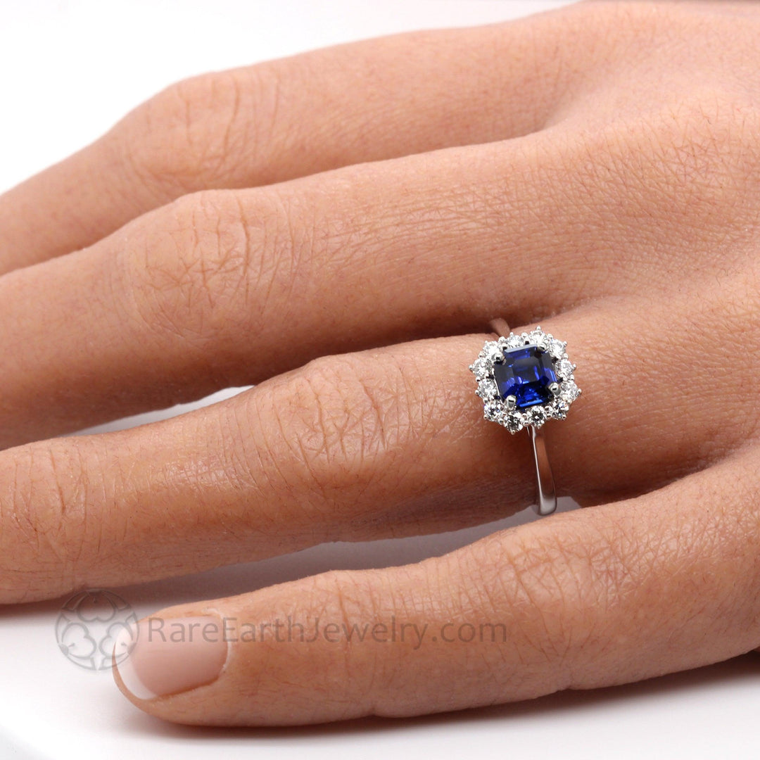 Asscher Cut Blue Sapphire Engagement Ring Vintage Style Diamond Cluster, Rare Earth Jewelry