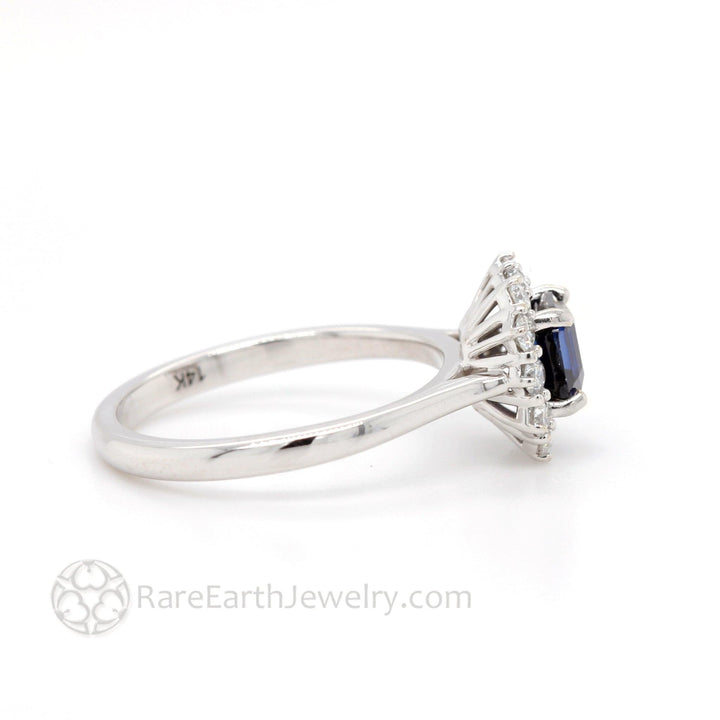 Asscher Cut Blue Sapphire Engagement Ring Vintage Style Diamond Cluster, Rare Earth Jewelry