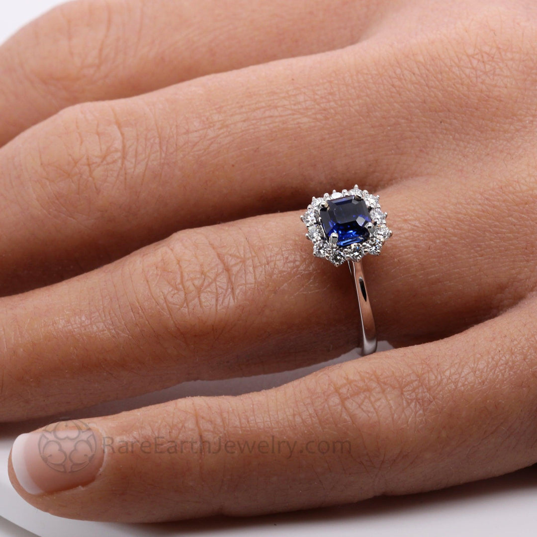 Asscher Cut Blue Sapphire Engagement Ring Vintage Style Diamond Cluster, Rare Earth Jewelry