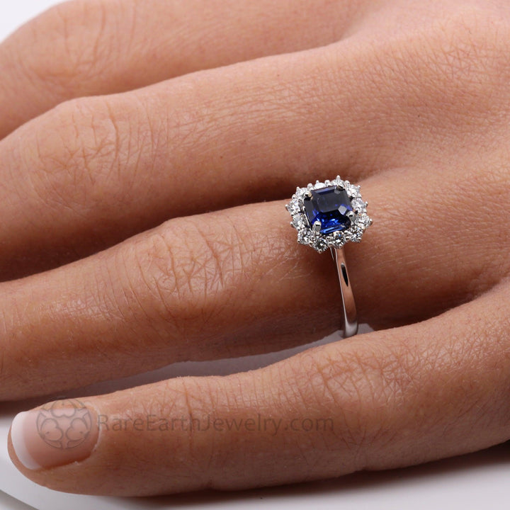 Asscher Cut Blue Sapphire Engagement Ring Vintage Style Diamond Cluster, Rare Earth Jewelry