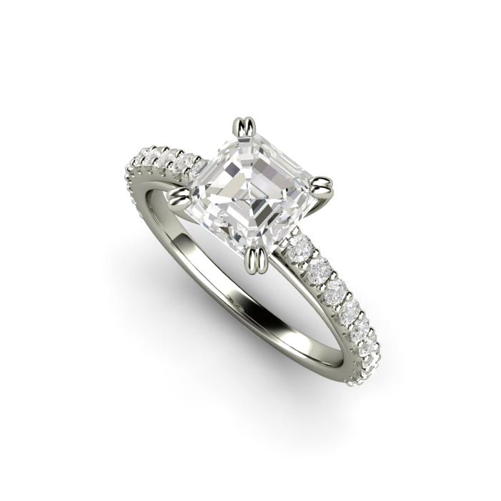 Forever One Moissanite Engagement Ring | Asscher Cut Pave Solitaire in Gold or Platinum, Rare Earth Jewelry