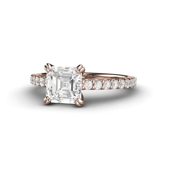 Forever One Moissanite Engagement Ring | Asscher Cut Pave Solitaire in Gold or Platinum, Rare Earth Jewelry