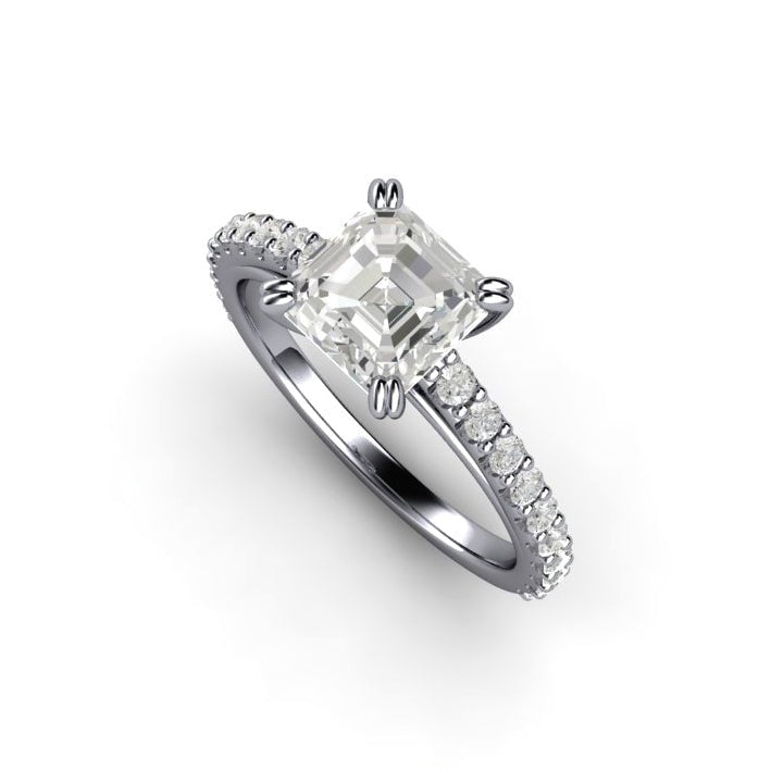 Forever One Moissanite Engagement Ring | Asscher Cut Pave Solitaire in Gold or Platinum, Rare Earth Jewelry