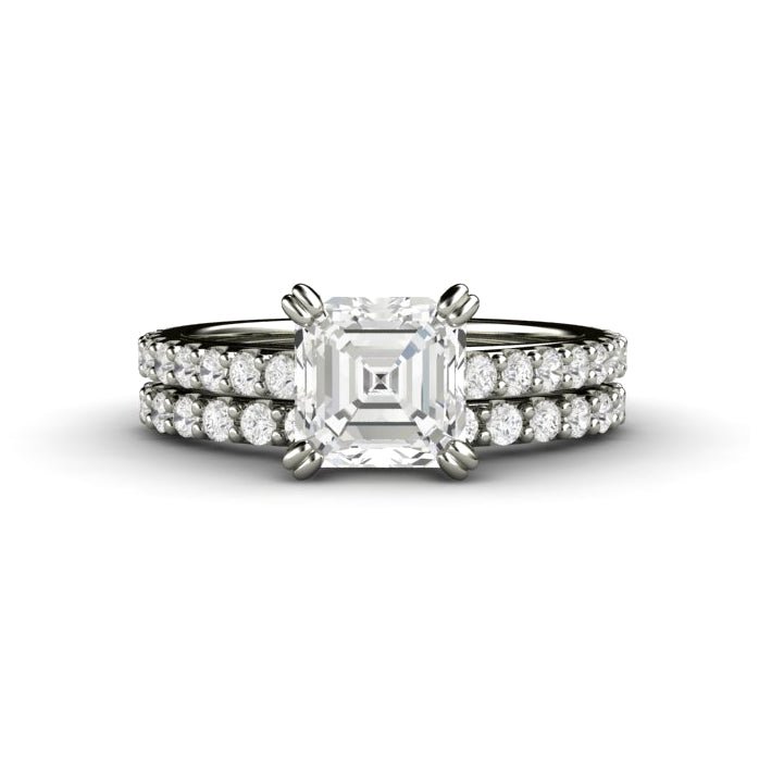 Forever One Moissanite Engagement Ring | Asscher Cut Pave Solitaire in Gold or Platinum, Rare Earth Jewelry