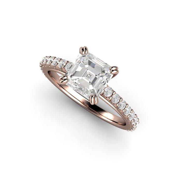 Forever One Moissanite Engagement Ring | Asscher Cut Pave Solitaire in Gold or Platinum, Rare Earth Jewelry