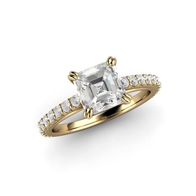 Forever One Moissanite Engagement Ring | Asscher Cut Pave Solitaire in Gold or Platinum, Rare Earth Jewelry