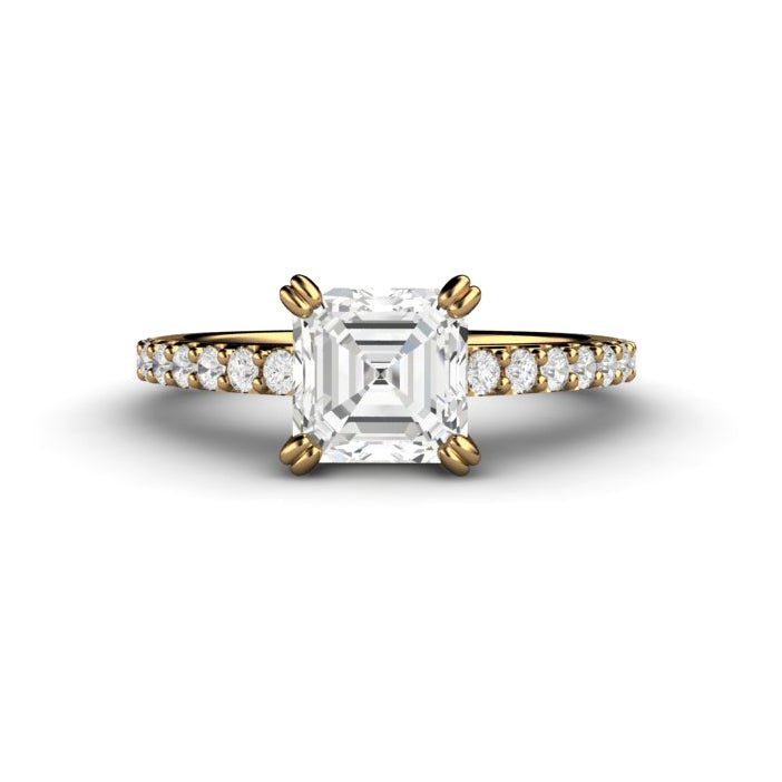 Forever One Moissanite Engagement Ring | Asscher Cut Pave Solitaire in Gold or Platinum, Rare Earth Jewelry