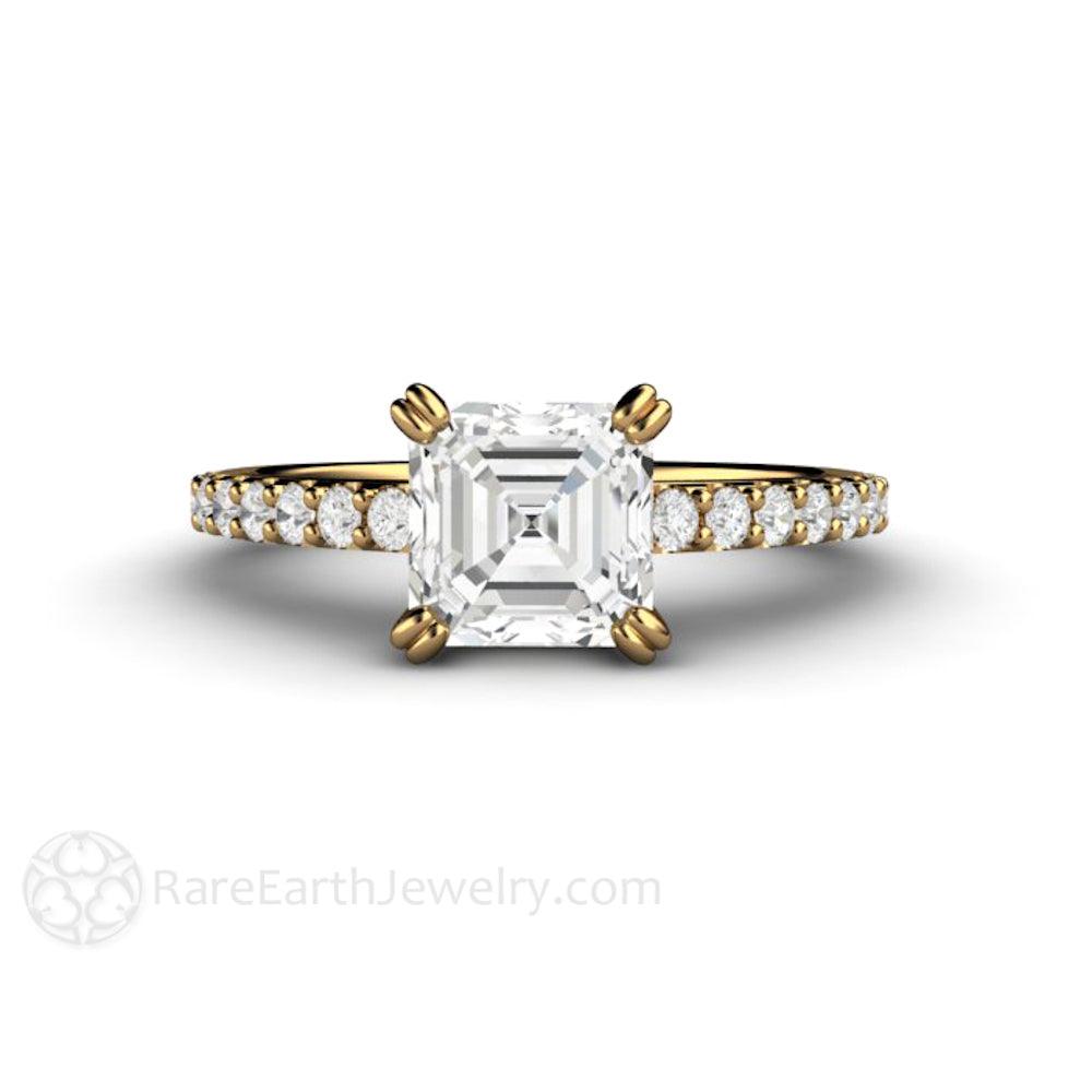 Forever One Moissanite Engagement Ring | Asscher Cut Pave Solitaire in Gold or Platinum, Rare Earth Jewelry
