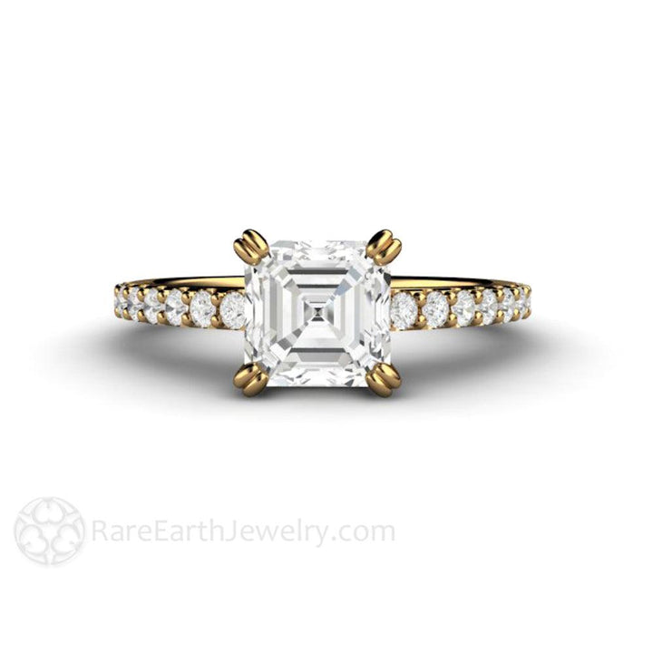 Forever One Moissanite Engagement Ring | Asscher Cut Pave Solitaire in Gold or Platinum, Rare Earth Jewelry