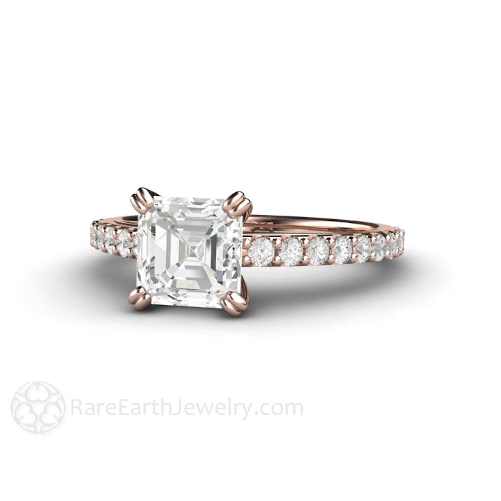 Forever One Moissanite Engagement Ring | Asscher Cut Pave Solitaire in Gold or Platinum, Rare Earth Jewelry