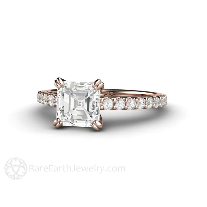 Forever One Moissanite Engagement Ring | Asscher Cut Pave Solitaire in Gold or Platinum, Rare Earth Jewelry