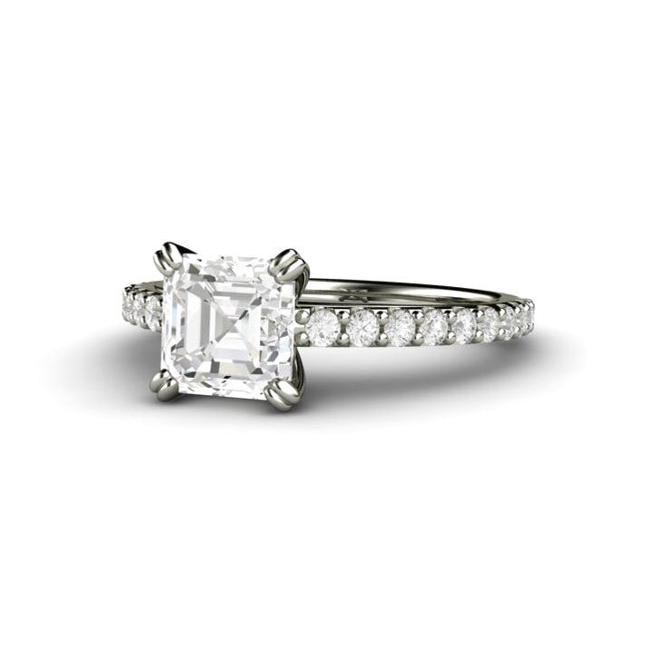 Forever One Moissanite Engagement Ring | Asscher Cut Pave Solitaire in Gold or Platinum, Rare Earth Jewelry
