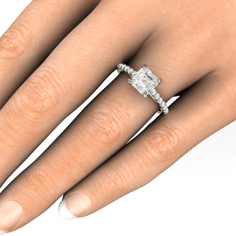 Forever One Moissanite Engagement Ring | Asscher Cut Pave Solitaire in Gold or Platinum, Rare Earth Jewelry