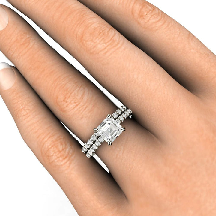 Forever One Moissanite Engagement Ring | Asscher Cut Pave Solitaire in Gold or Platinum, Rare Earth Jewelry