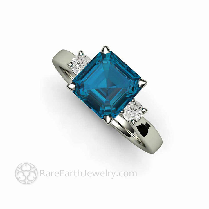 Asscher Cut London Blue Topaz Ring 3 Stone Design, Rare Earth Jewelry