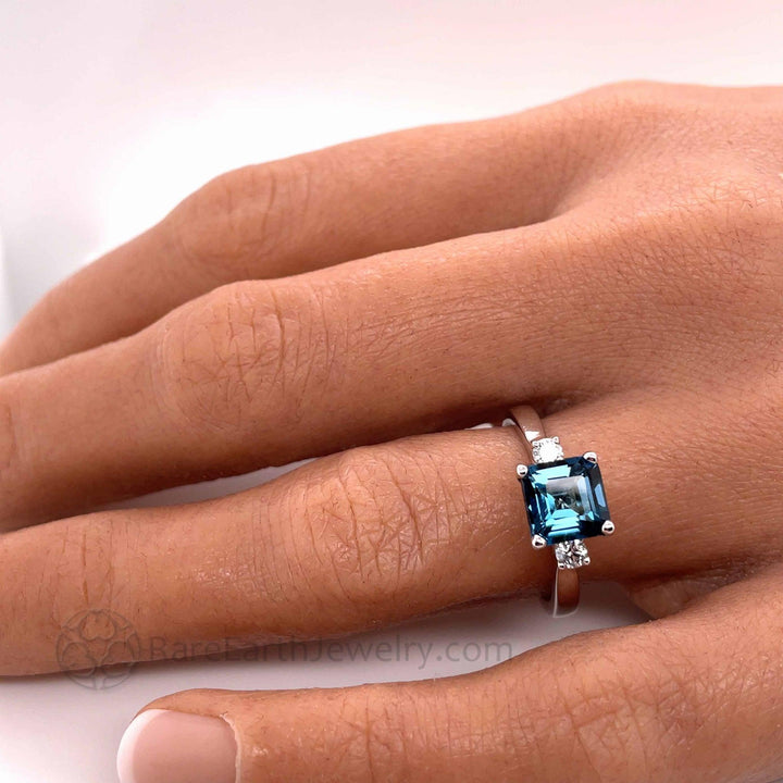Asscher Cut London Blue Topaz Ring 3 Stone Design, Rare Earth Jewelry
