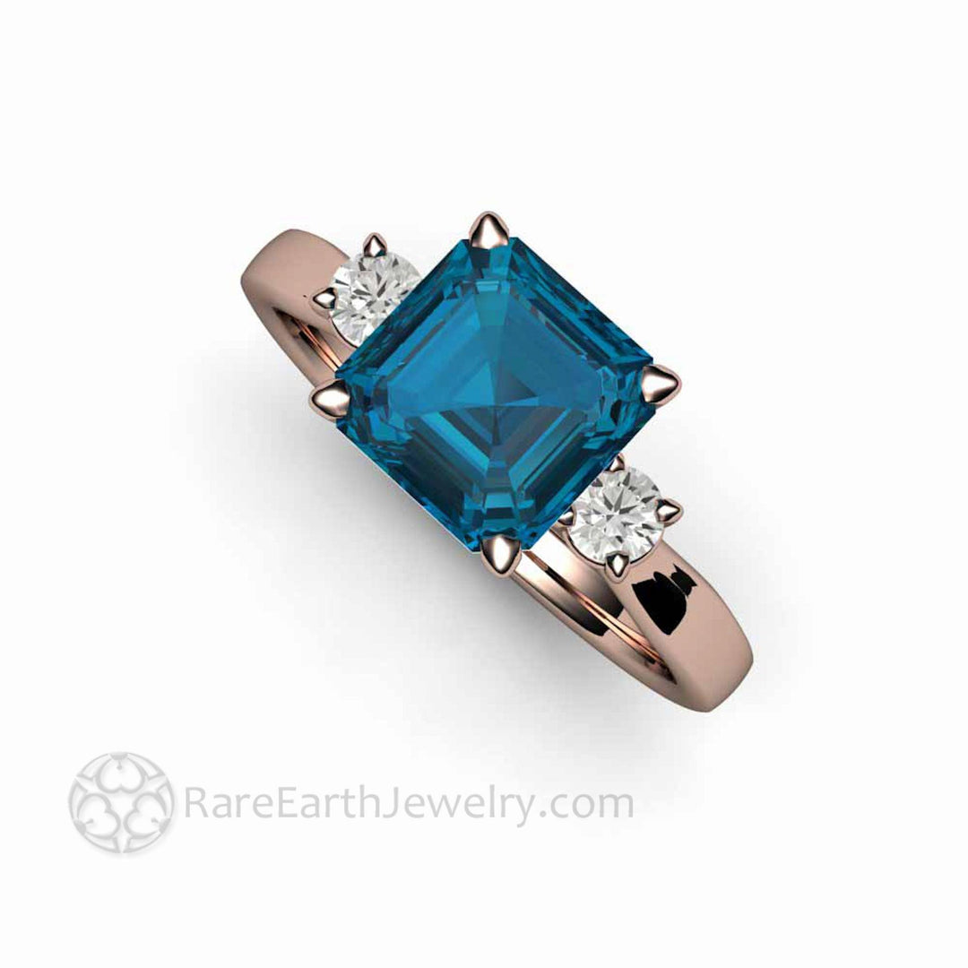 Asscher Cut London Blue Topaz Ring 3 Stone Design, Rare Earth Jewelry
