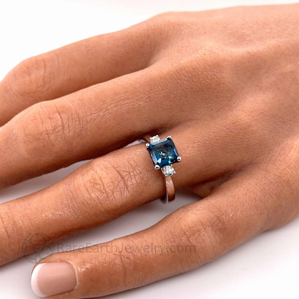 Asscher Cut London Blue Topaz Ring 3 Stone Design, Rare Earth Jewelry