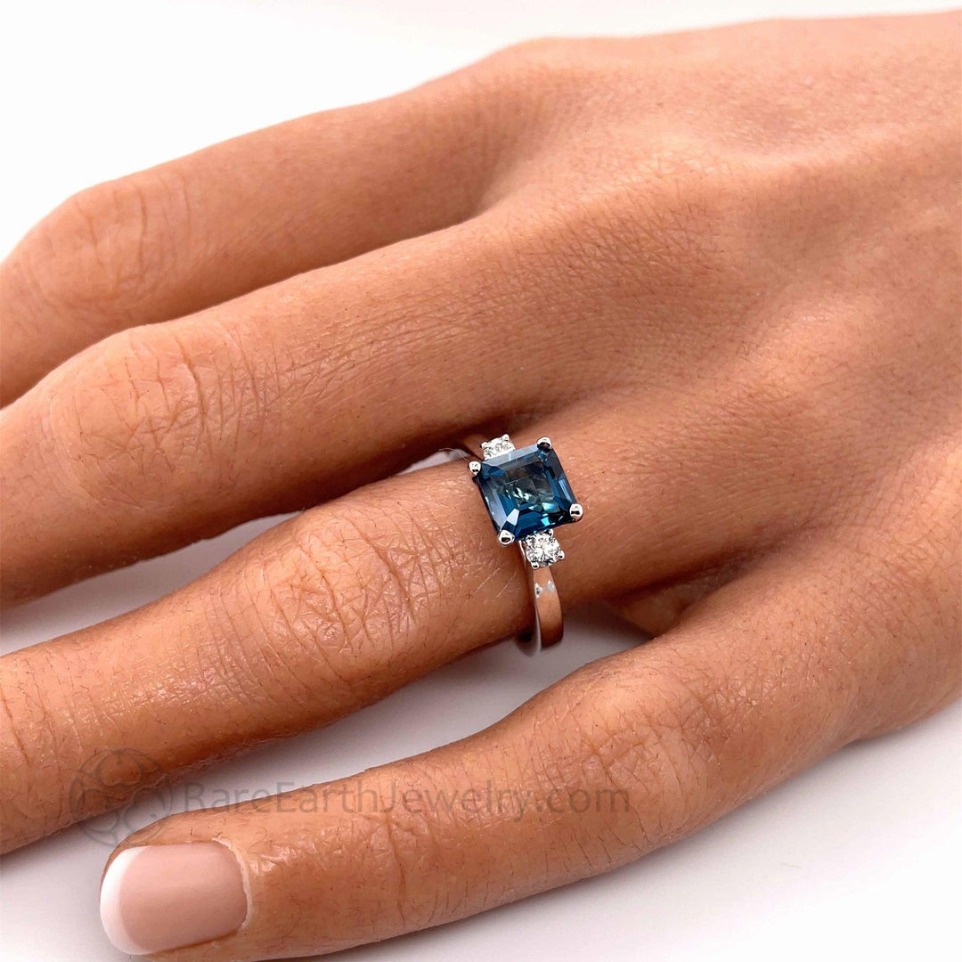 Asscher Cut London Blue Topaz Ring 3 Stone Design, Rare Earth Jewelry