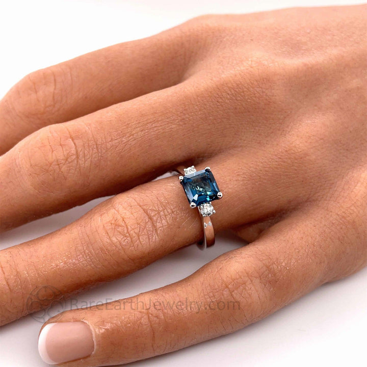 Asscher Cut London Blue Topaz Ring 3 Stone Design, Rare Earth Jewelry
